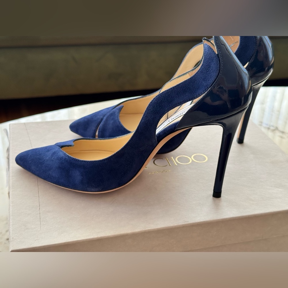 Jimmy Choo Saga Steel Blue Suede Scalloped Pointed-Toe Stiletto Heels - Picture 2 of 6